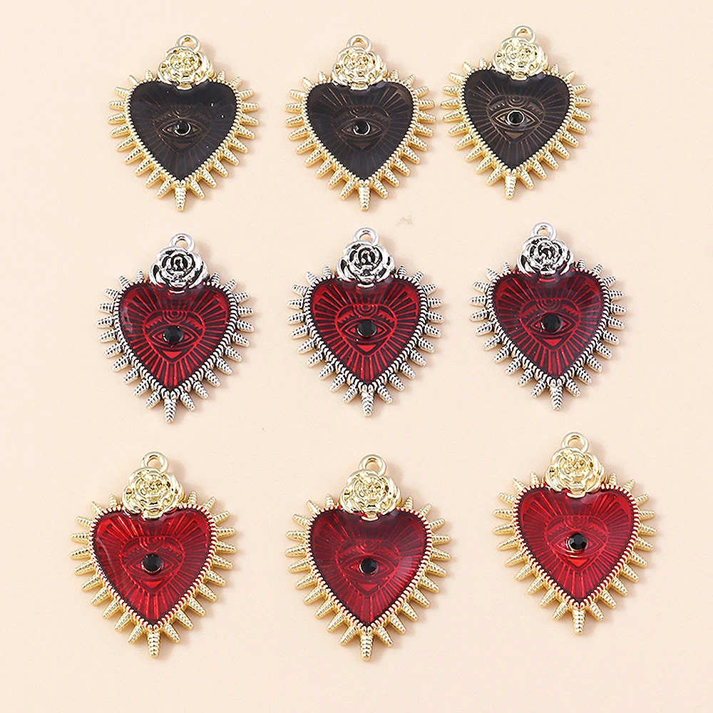 4pcs 25*32mm Fashion Rose Red Heart Enamel Charms Gothic Eye