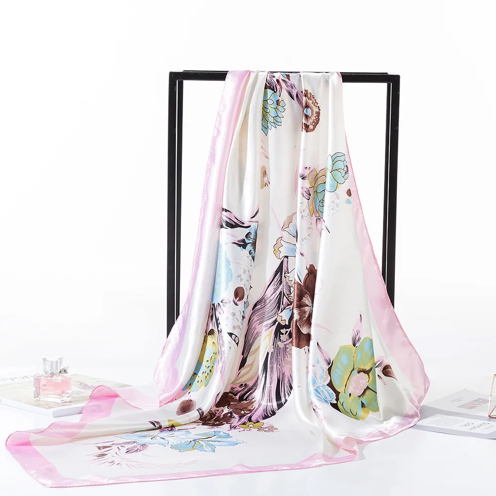 Europe Square 90cm flower print Women Silk Scarf Brand Fashion Bandanna Hijab Lady Wrap Headband muffler Christmas wedding gift