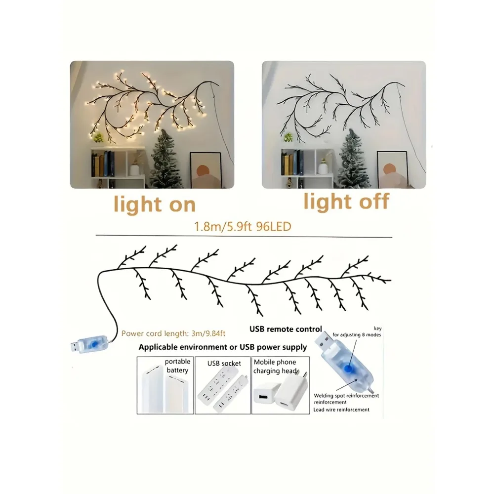 USB Flexible Willow Vine Light Home Wedding Decorations DIY Rattan Tree Luminous Branch Light Wall Fireplace Party Bedroom