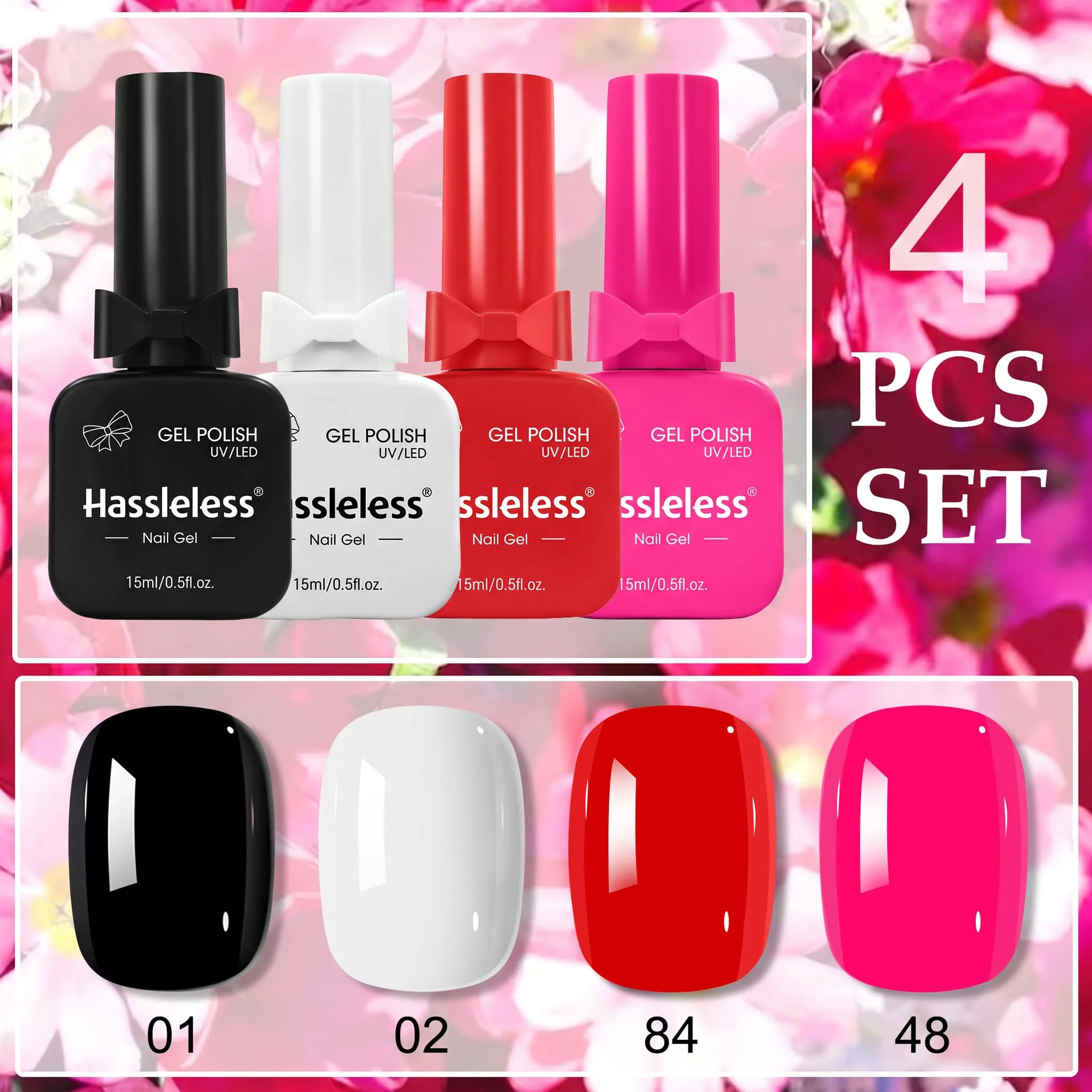 Hassleless 4-Piece Classic Color-Blocking Nail Polish Set, Cool-Toned Pure Black, Milky White, Vibrant Red, High-Saturation Bright Rose Red Solid Color Nail Polish, Salon-Grade Mirror-Like Shine with Full Color Payoff