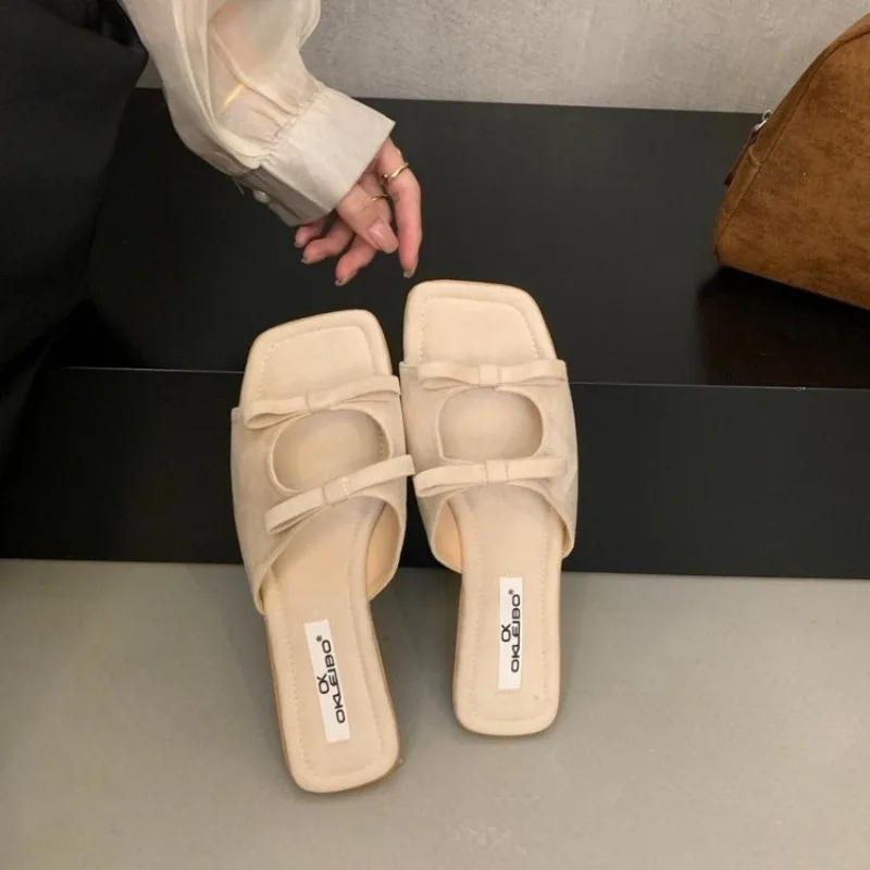 French Slippers Women Outer Wear 2026 Niche Flat Square Toe Bow Cold Slippers Beach Shoes - view 5