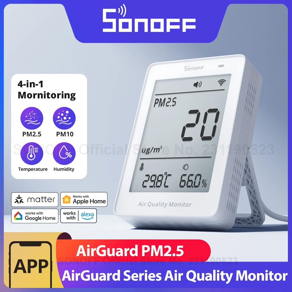 

SONOFF AirGuard PM2.5/PM10 Matter Over Wifi Air Quality Monitor SAWF-07P 2-Second Updates Sound Light Alarm Temperature Humidity