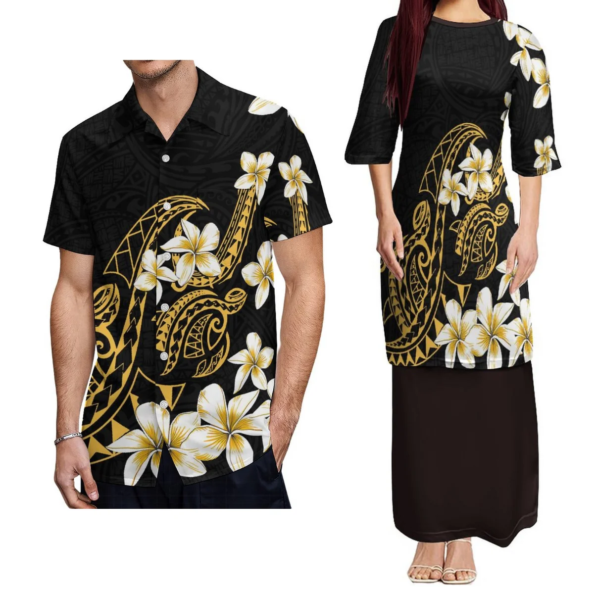 

Summer Women'S Crew Neck Dress Samoan Women'S Puletasi Two-Piece Polynesian With Men'S Shirt Plus Size Suit