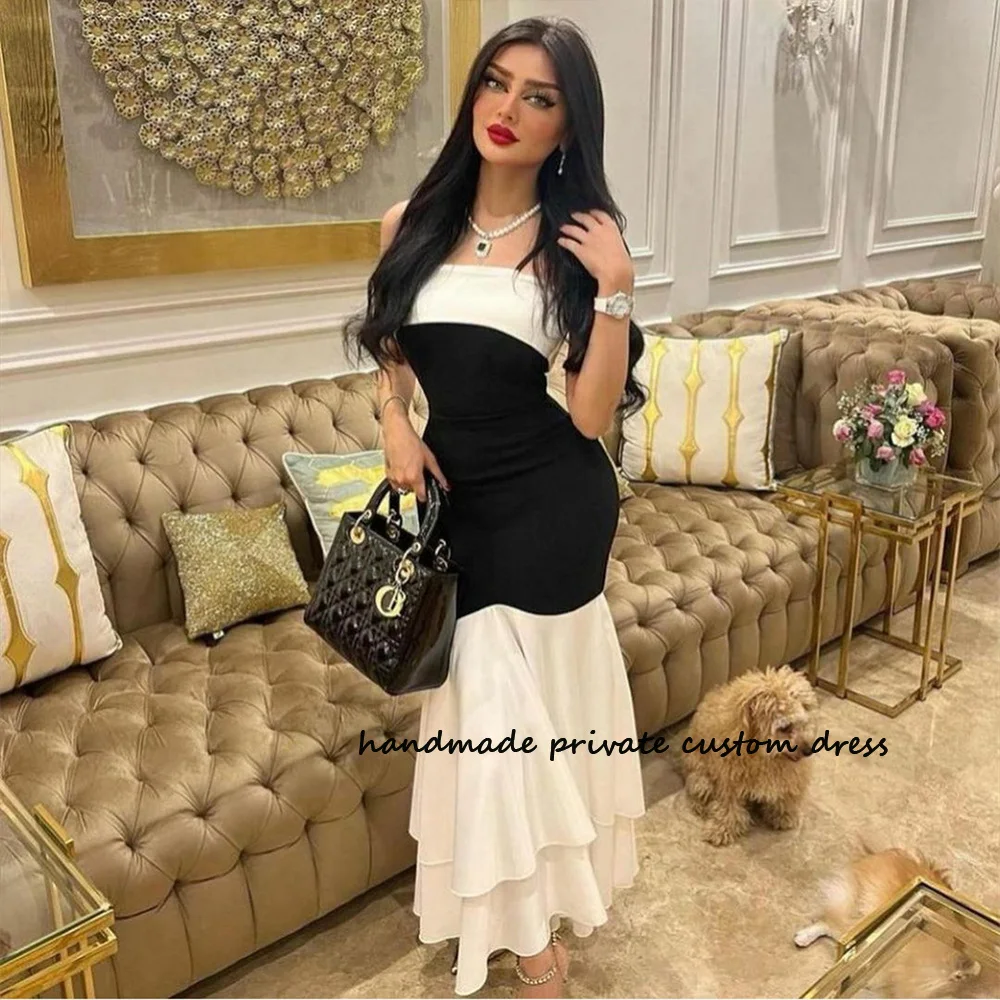 

Black White Mermaid Strapless Prom Party Dresses Patchwork Satin Saudi Arabic Formal Gowns Ankle Length Dubai Formal Dress