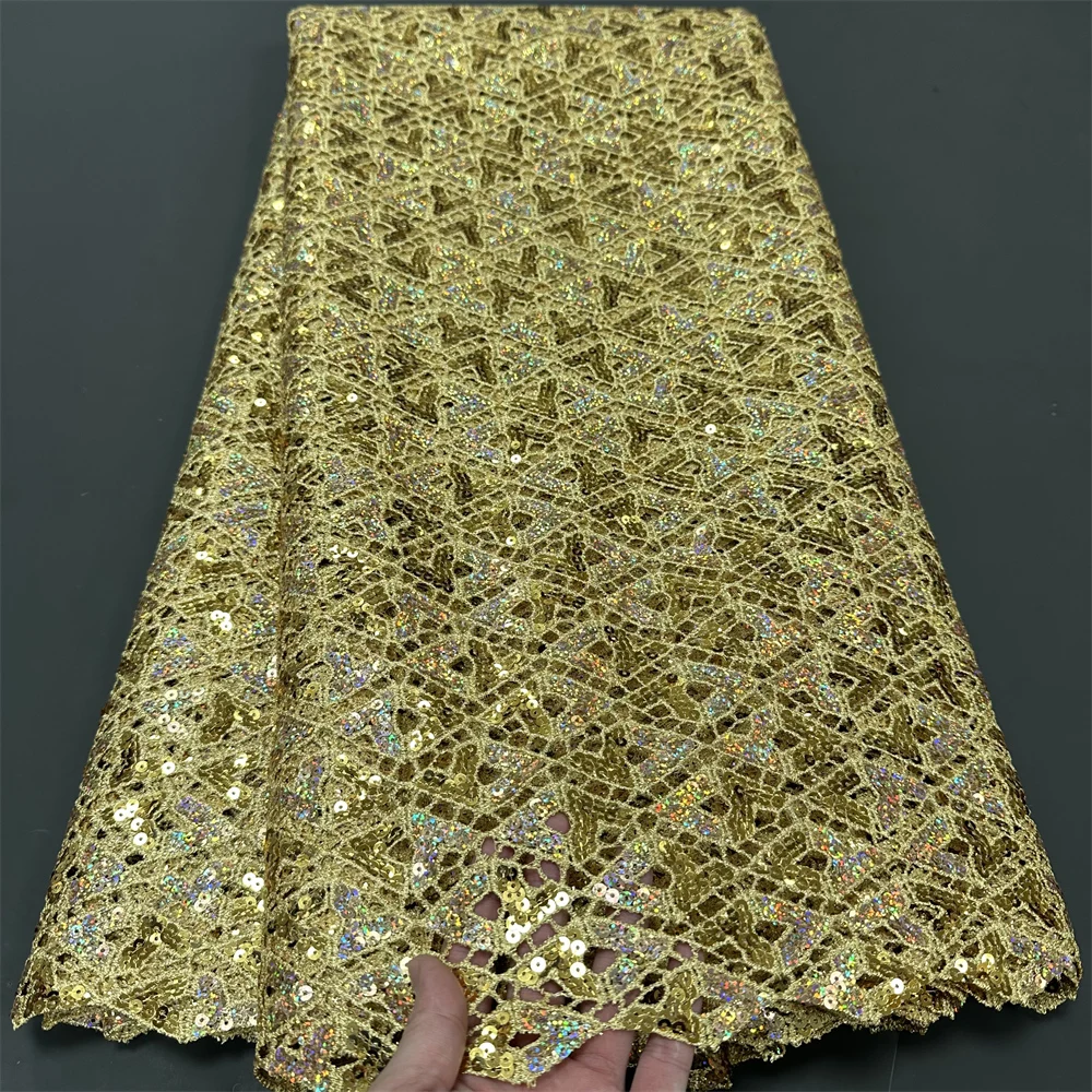 High Quality African Nigerian Lace Fabric, Embroidery Tulle, Wedding Party Dress, Sequins Guipure, Water Soluble, 5Yards, hz1220