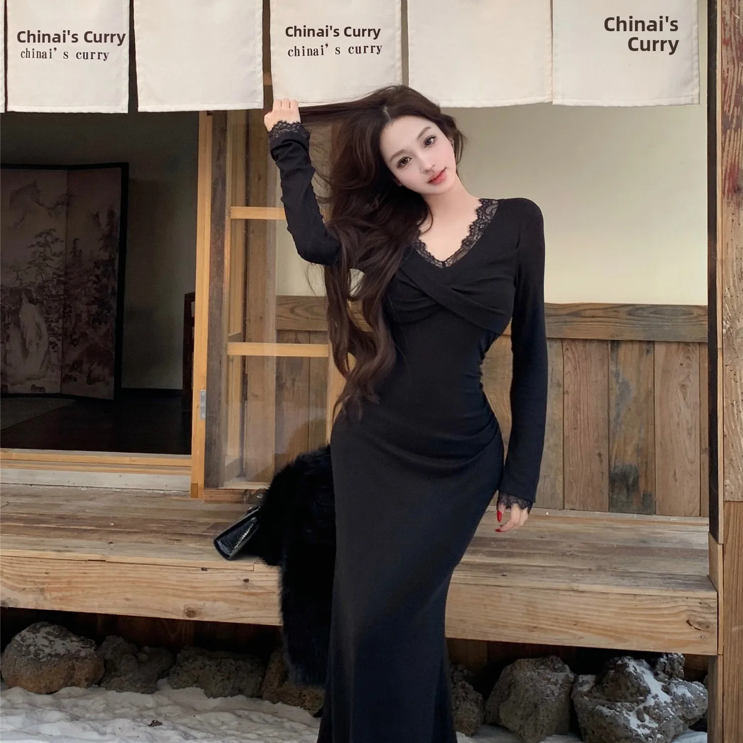 

Ele Long Lace V-ne Knitted Dr Women's Base Layer High Waist Autumn Winter New Sle Advanced Sensation Dr