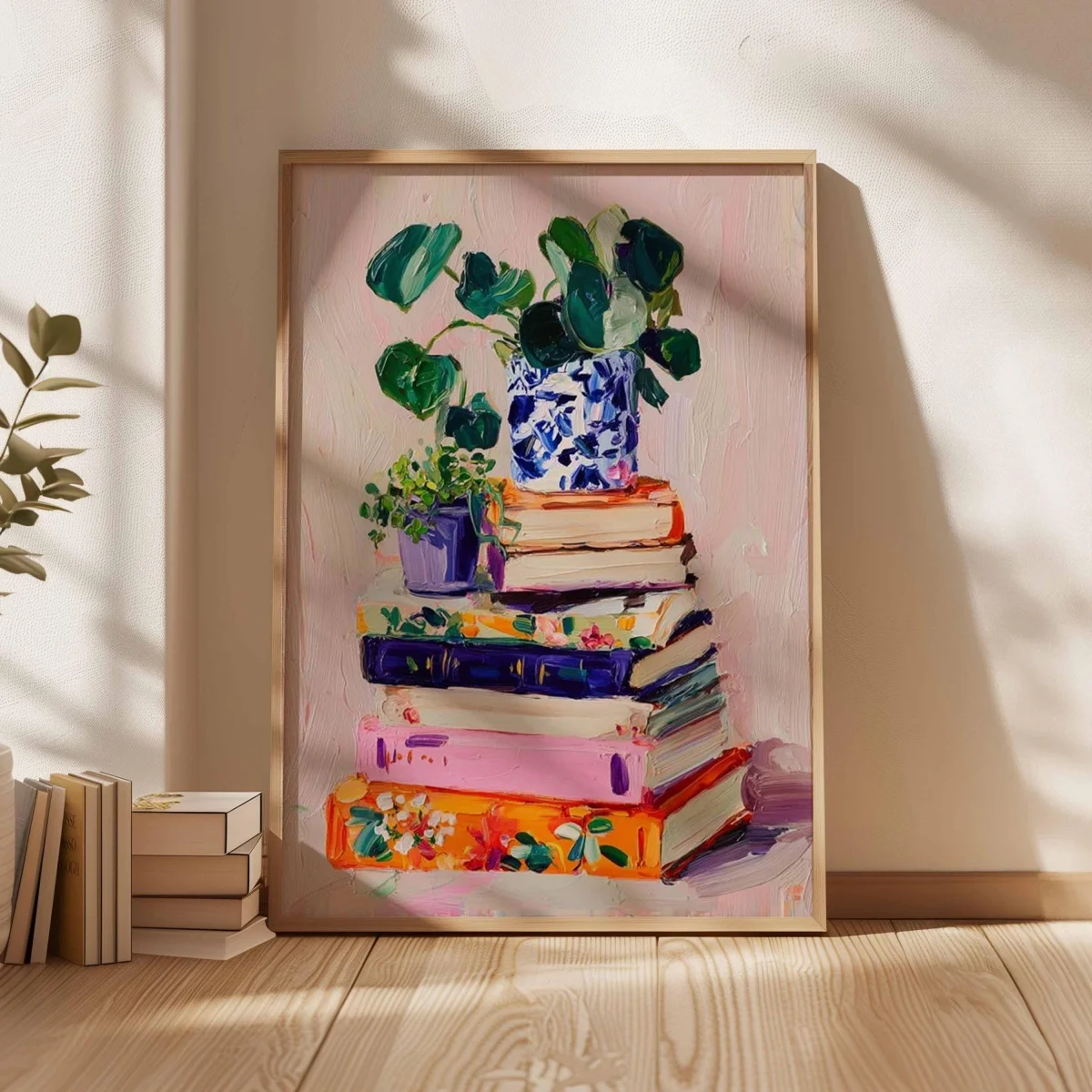 Plant and Books Canvas Print Poster Cozy Colorful Book Stack Impressionist Art Prints Living Room Bedroom Wall Art Home Decor