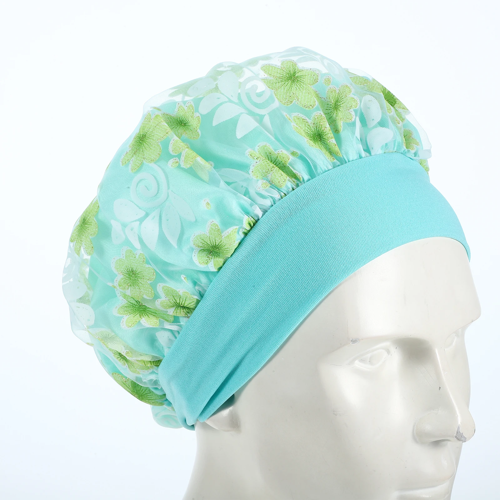 

Satin Lake Blue Elastic Sleep Hat Women Adjustable Bonnet Curly Hair Protector Satin Double Layer Sleep Cap Beanie