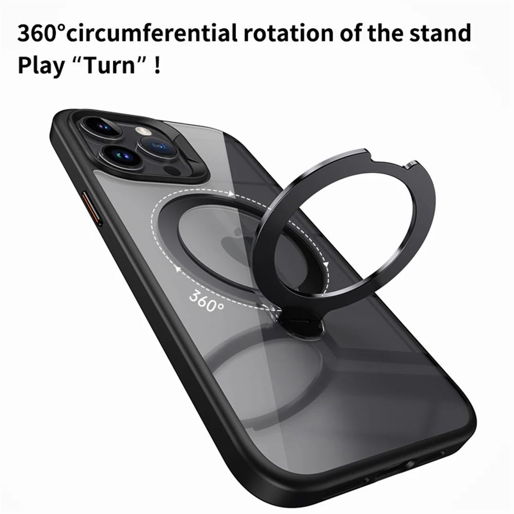 Rotating Folding Stand Clear Magnetic Phone Case For iPhone 12 13 14 15 16 Pro Max Swivel Holder TPU Bumper Acrylic Back Cover