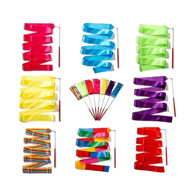 2M 4M 6M Colorful Gym Ribbons Dance Ribbon Rhythmic Art Gymnastics Ballet Streamer Twirling Rod Rainbow Stick Training