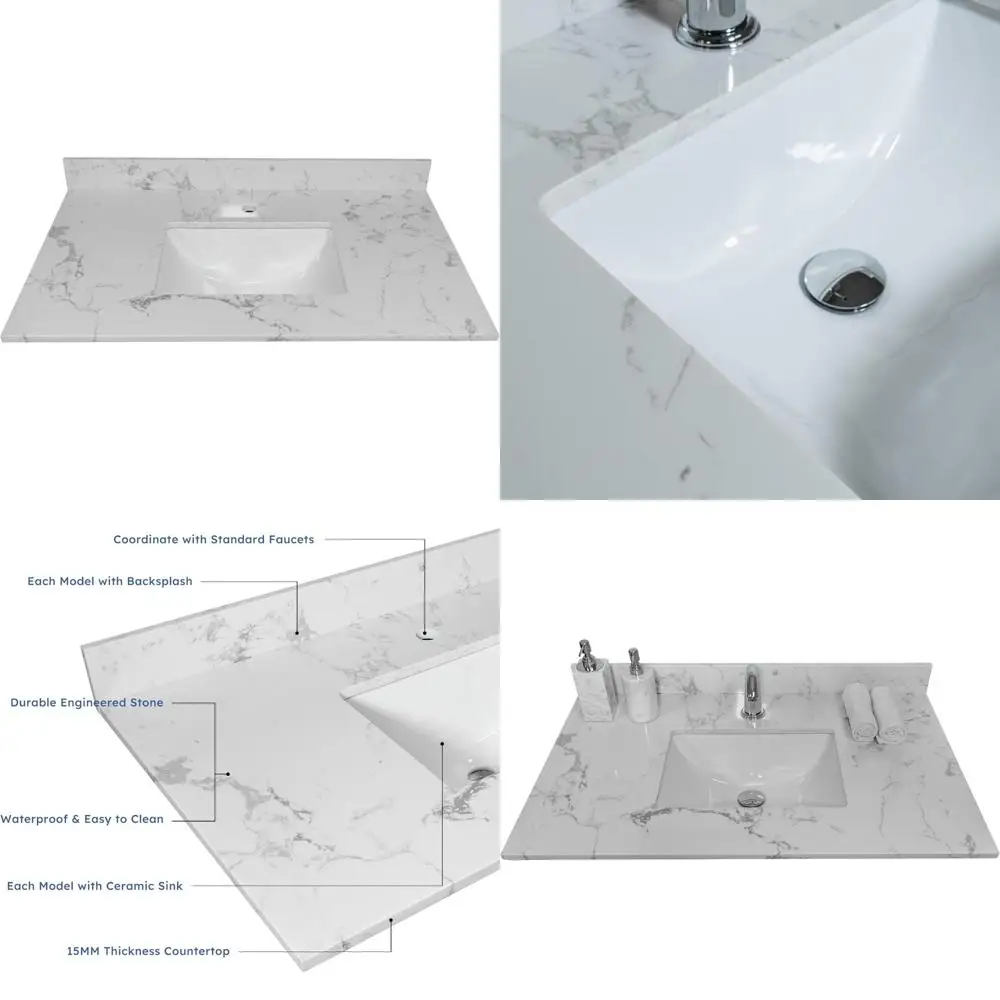 

"31" carrara white engineered stone vanity top with rectangular sink & backsplash