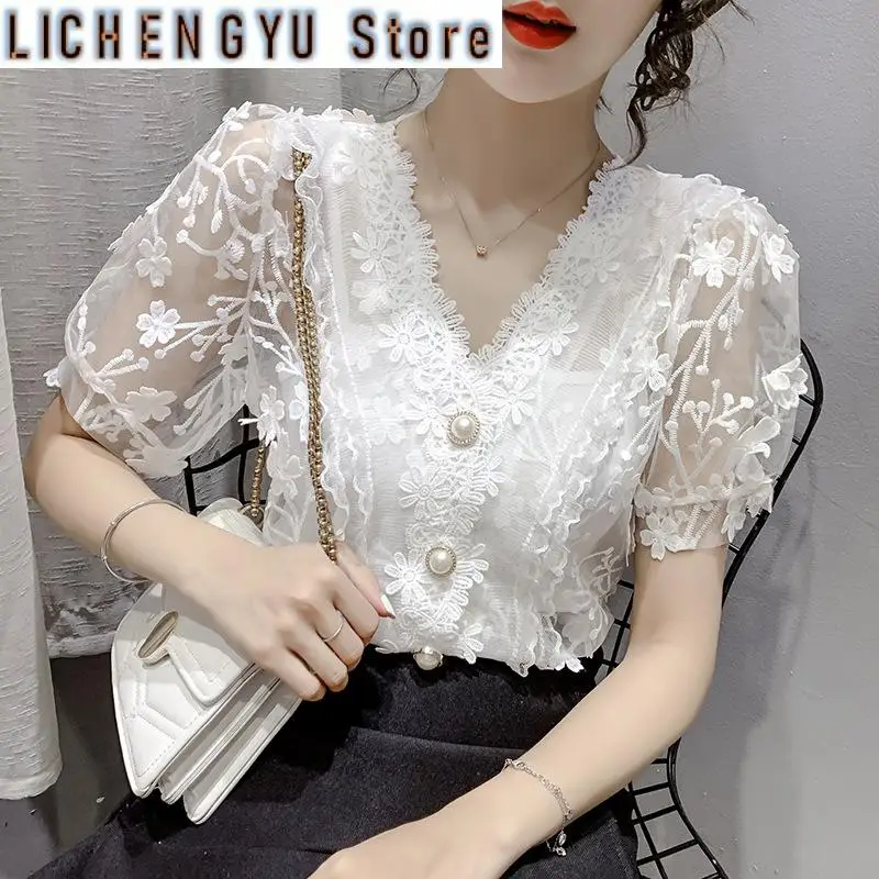 New Lace Tops Pearls V-neck Chiffon Short Sleeve Shirt flower Blouse Printed Floral Transparent Women Sexy Crop Top Blouses