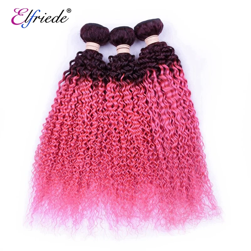 Elfriede #T1B/Pink Kinky Curly Ombre Colored Hair Bundles with Frontal 100% Human Hair Weaves 3 Bundles with Lace Frontal 13x4