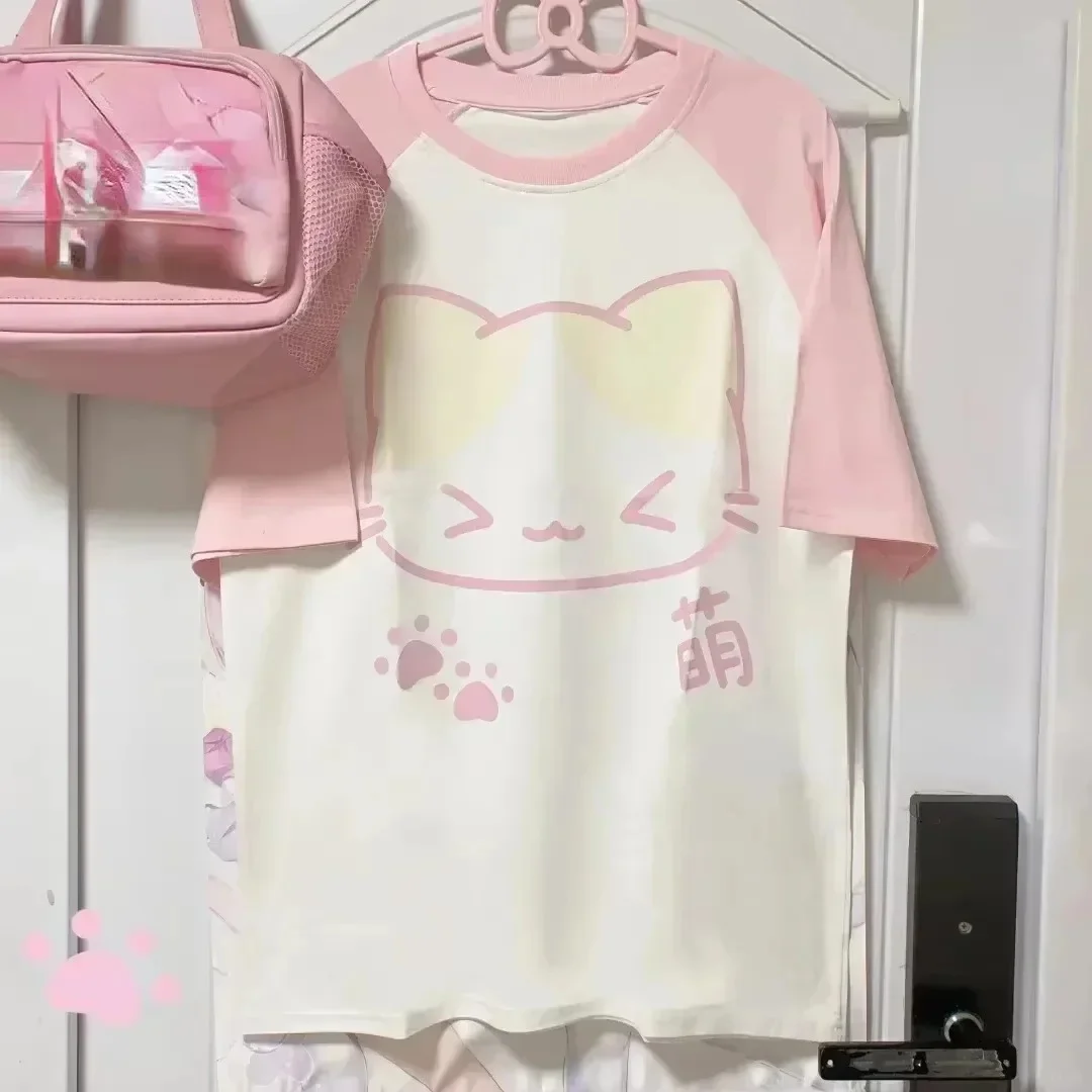 Japanese Cute Cat Shoulder T-shirt for Women Y2K Harajuku Style Striped Dot Printed Loose Short Sleeves in Multiple Styles