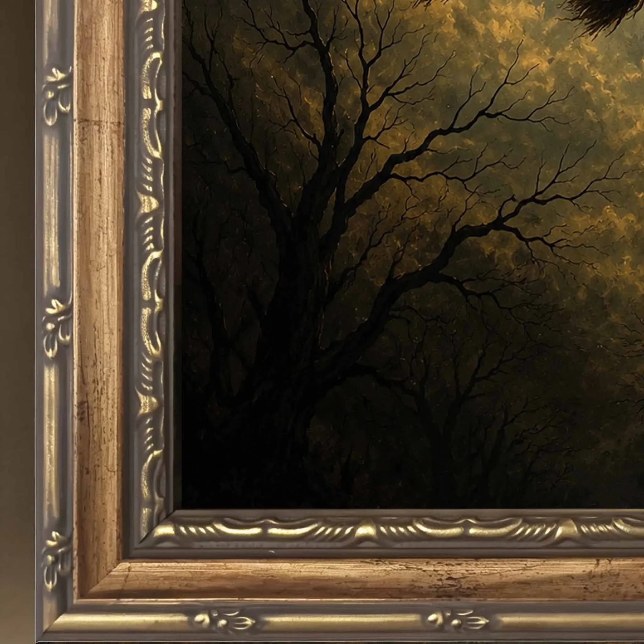 Large-sized Gold Framed Vintage Witch Wall Art, Gothic Halloween Canvas Print, Dark Academy Retro Home Decor for Bedroom Living