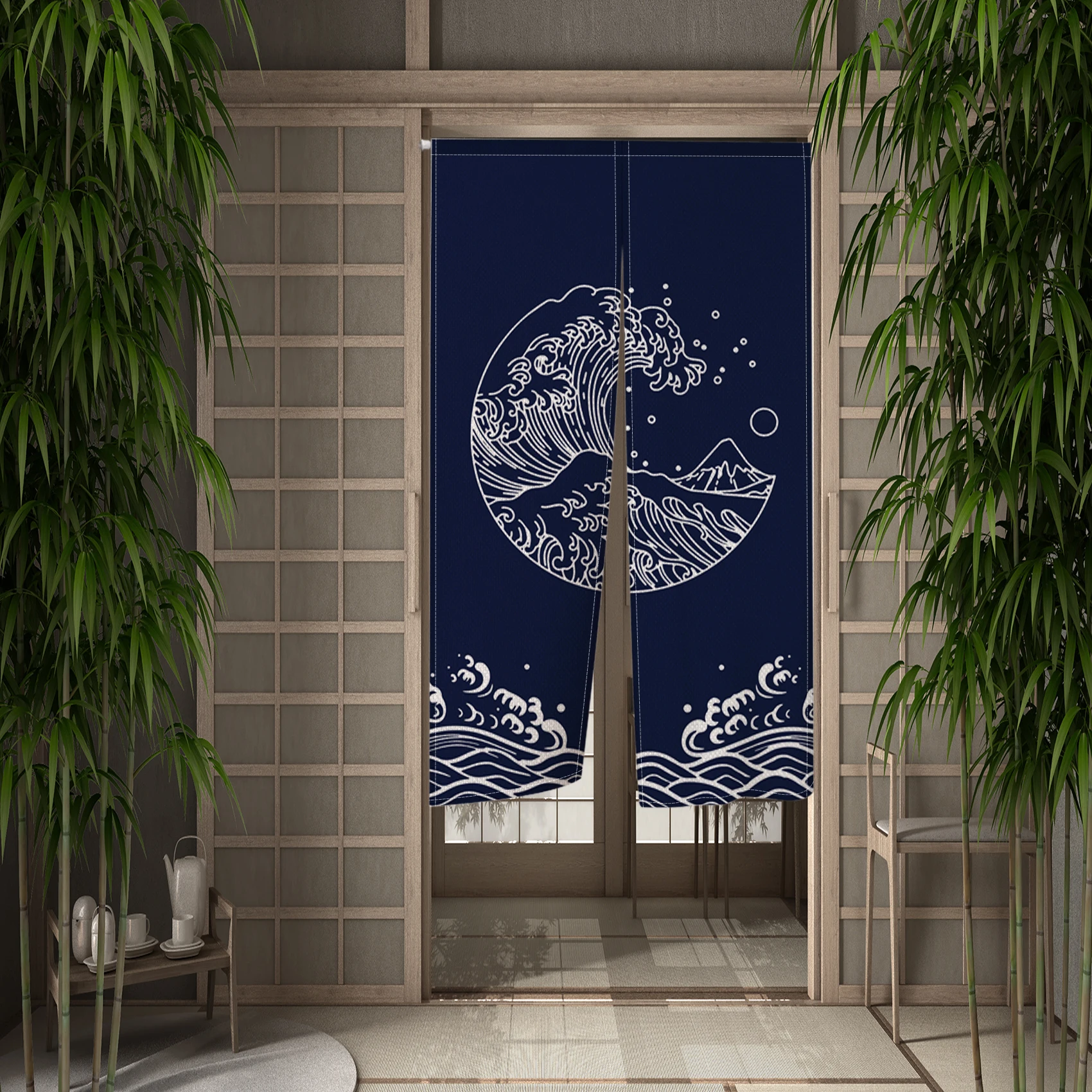 Japanese Noren Door Curtains Wave Fish Izakaya Dining Room Partition Linen Doorway Curtains Home Decor Room Divider Half Curtain