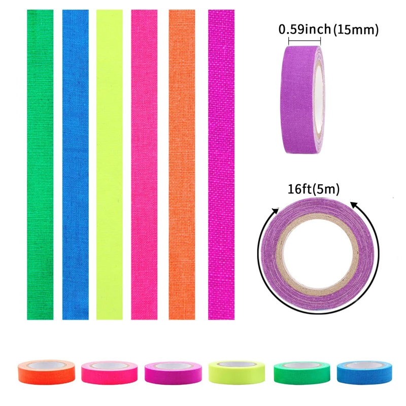 5Meter 6 Colors Neon Gaffer Cloth Tape Fluorescent Rainbow Color Party Non-Reflective Glow in The Dark Tape Under UV Black Light