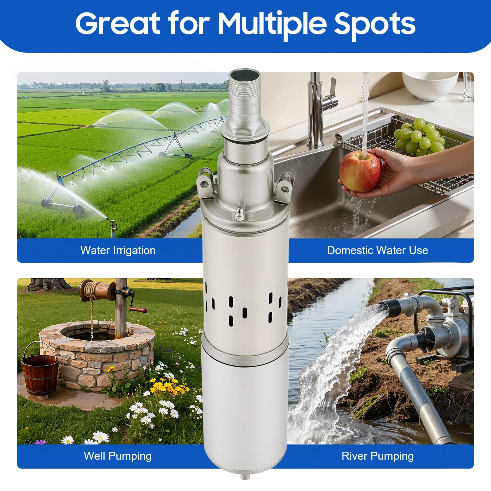 200 W elektrische solarbetriebene Wasserpumpe, Tiefbrunnen-Tauchpumpe, DC 24 V, 5,3 GPM Durchfluss, 98 Fuß Hub, Farm Ranch-Bewässerung – Detail 4