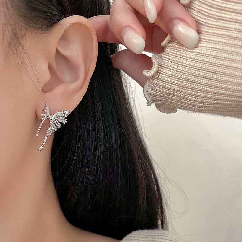 925 Sterling Silver Crystal Butterfly Wing Stud Earrings For Women 2024 Korean Wedding Party Jewelry Gift Female Pendientes