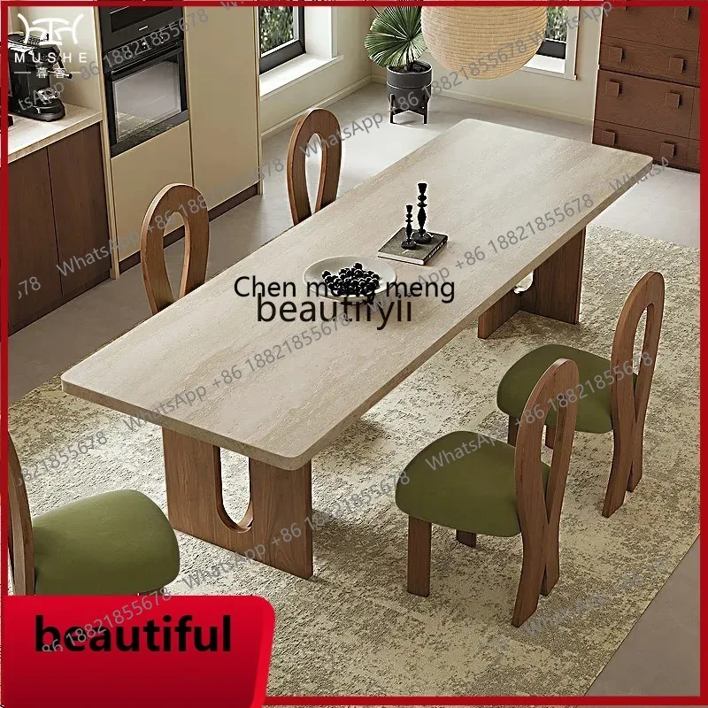 

X French retro bottom hanging trapeze rock slab dining table designer home rock slab solid wood dining table