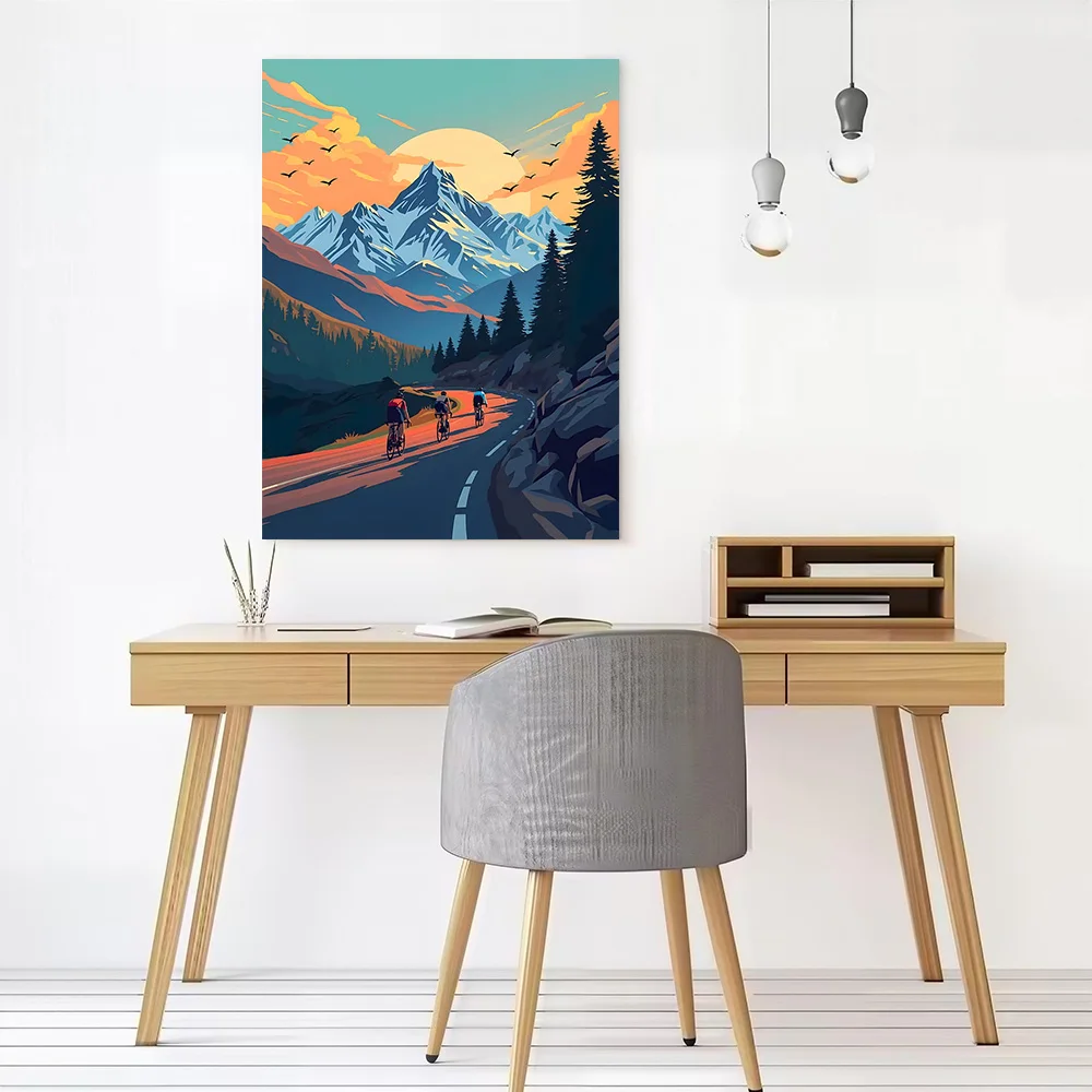 Cyclists on Mountain Road At Sunset Printed Canvas Wall Art Customizable Paintings Poster Perfect Gift for Room Decorations the