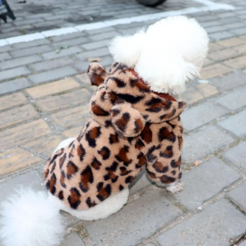 Windproof Leopard Print Hooded Coat for Pets, Plush Puppy Hoodie, Thermal Coat, Dog Outfits, Winter Zipper Clothes