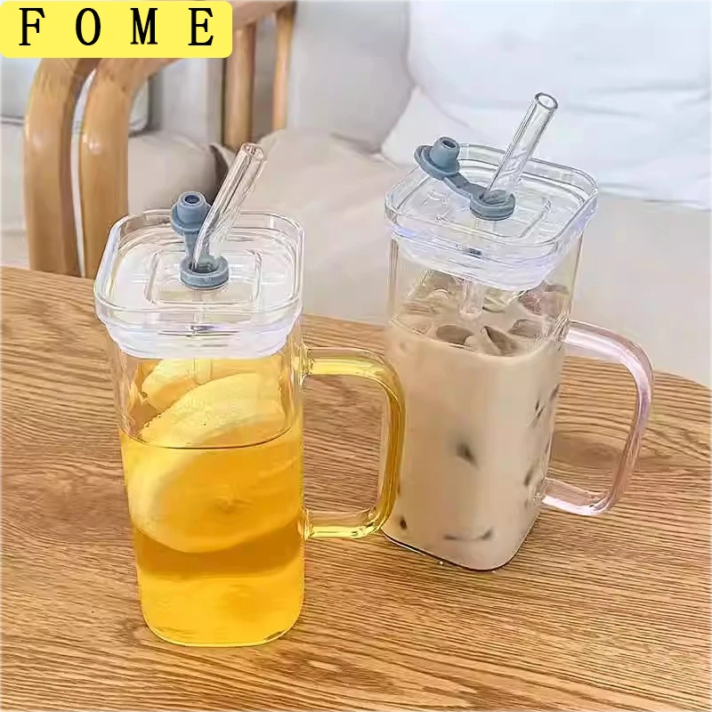 

400ml High Borosilicate Glass Straw Cup With Handle And Lid Square Clear Seal Mug Tumbler Cups For Iced Coffee Juice 1/2pcs