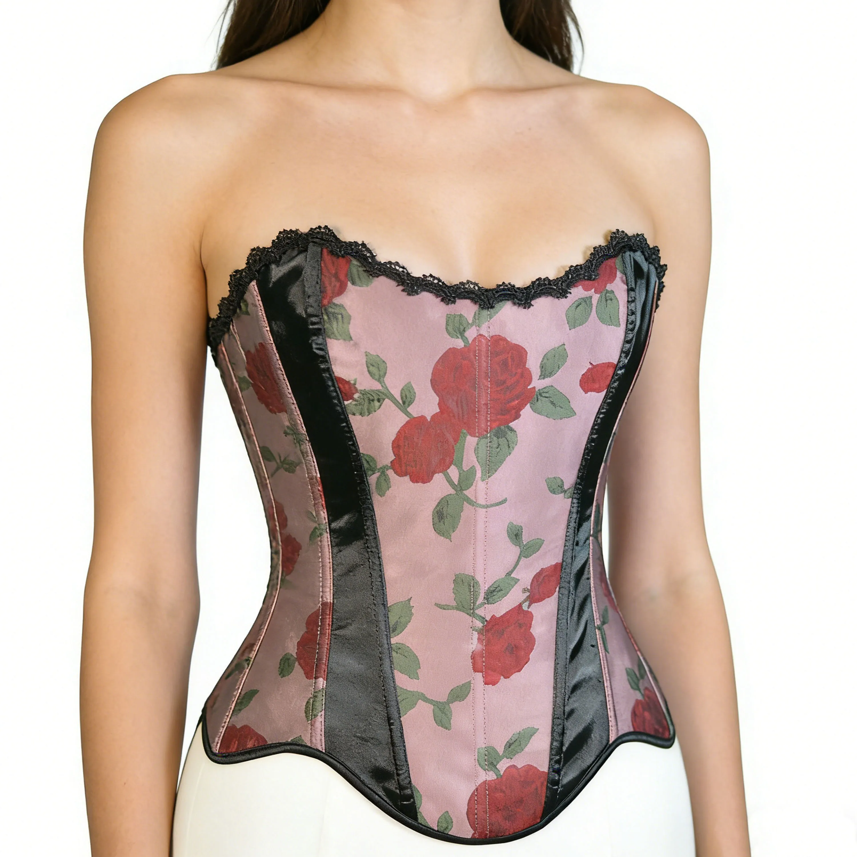 

Винтажный корсет из атласа и кружева с красными розами, элегантный утягивающий пояс для талии, сексуальный корректор фигуры «песочные часы» для вечеринок и повседневной носки