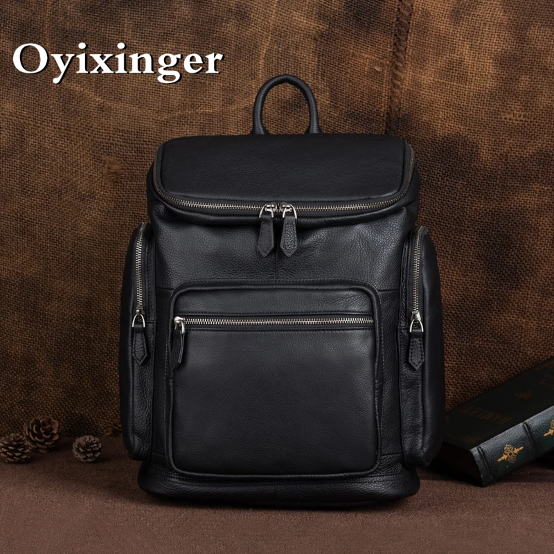 

OYIXINGER New Casual Cowhide Men's Backpack Large Capacity Genuine Leather Schoolbag Vintage Fashion Solid Colour Travel Bag