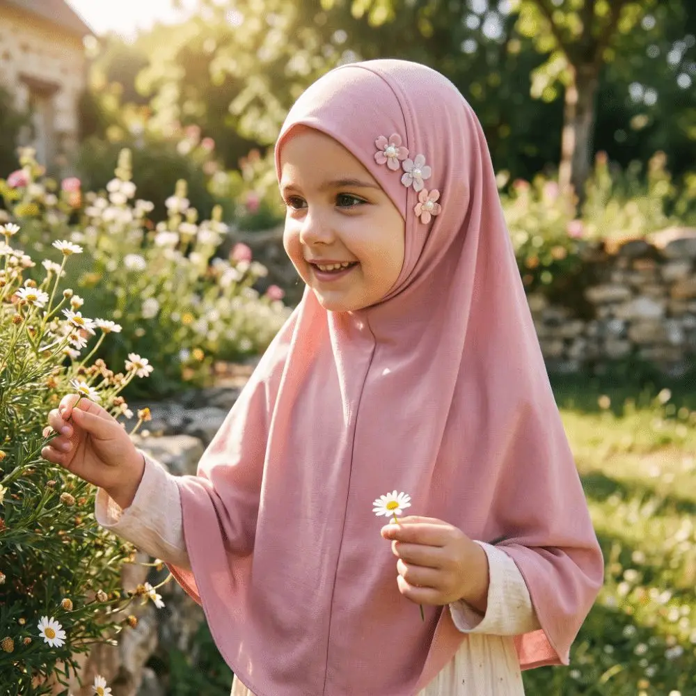 Soft Little Girls Pull-On Hijab Stretch with Floral Ornament Crystal Linen Headscarf Solid Colors Non-slip Head Cover Daily Wear