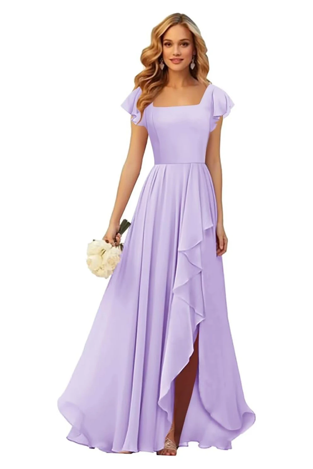 Square Neck Chiffon Bridesmaid Dress with Slit Ruffle Short Sleeve Long Formal Evening Gowns wedding Dress party prom summer