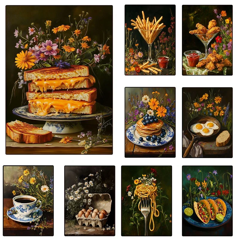 1pcs(No frame) Grilled Cheese Pancakes Tacos Funny Food Flowers Still Life Posters Canvas Printing Wall Art Picture for Kitchen
