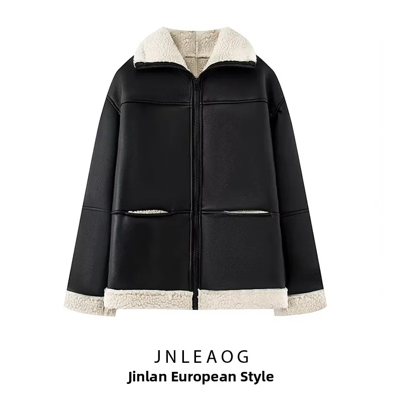 JNLEAOG 秋の新作レディースファッションデザインカシミヤレザーファーカラー複合ジャケットレザーコートルーズフィットソリッドカラー