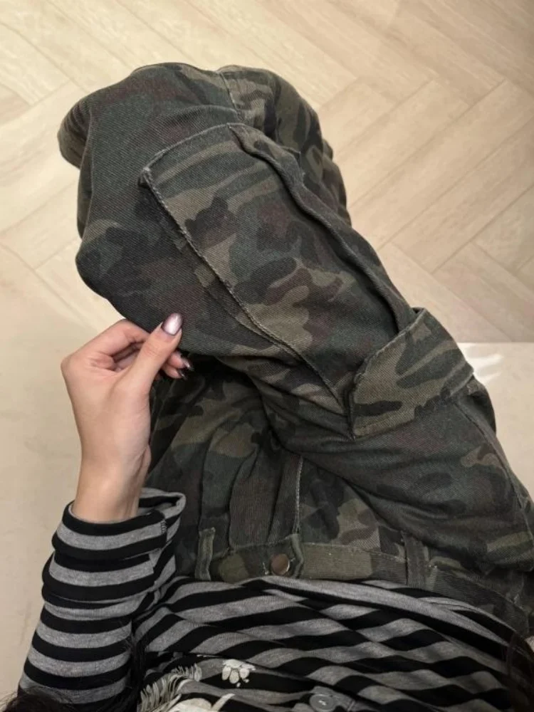 American Style Street Retro Camouflage Seven-Foot Women's Jeans Summer New plus Size Loose Wide Leg Pants Body Concealing