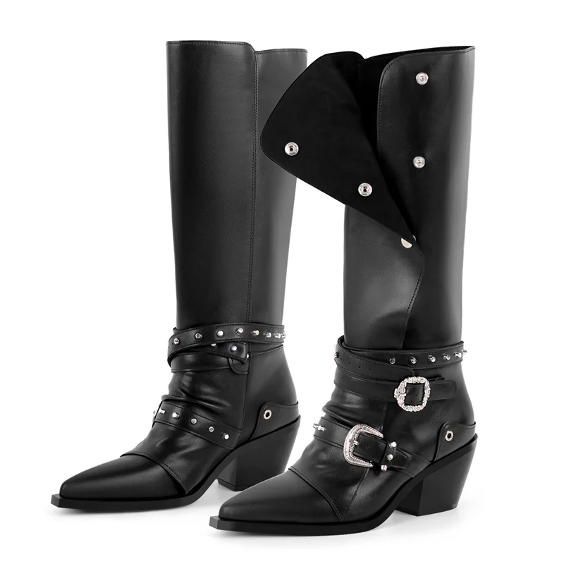 Onlymaker Women Pointed Toe Black Buckle Block Heel Knee High Boots