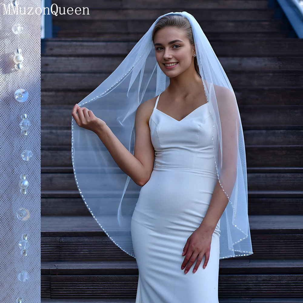 MMQ-Voile de mariage en perles de cristal pour patients, tulle doux à 1 niveau, longueur du bout des doigts, paillettes, accessoires pour petite amie, M22