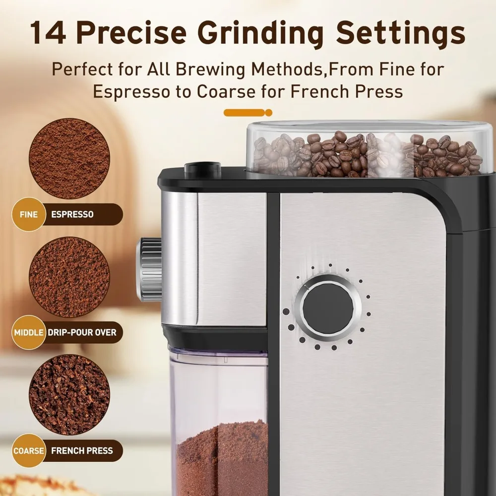 Coffee Grinder Electric Burr Coffee Bean Grinder for 2-12 Cups, Adjustable Burr Mill for 14 Grinding Settings, Stainless Steel