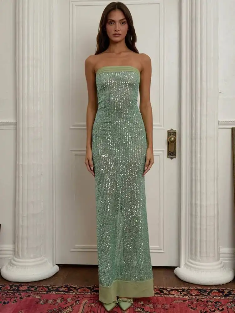 Mozision Sequin Strapless High Split Sexy Maxi Dress Women Elegant Off-shoulder Sleeveless Backless Sparkle Floor Length Dress
