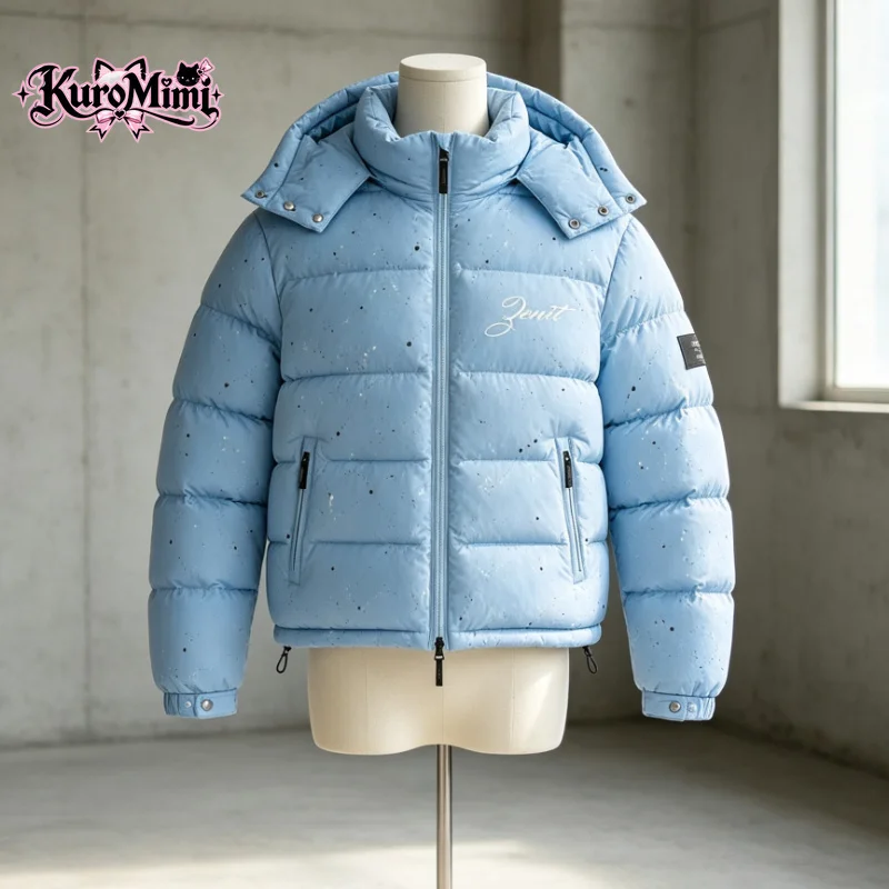 Women Unisex Winter Puffer Jacket Splatter Print Bread Coat Y2K Streetwear Hip Hop Zip Up Thick Warm Padded Outerwear Light Blue