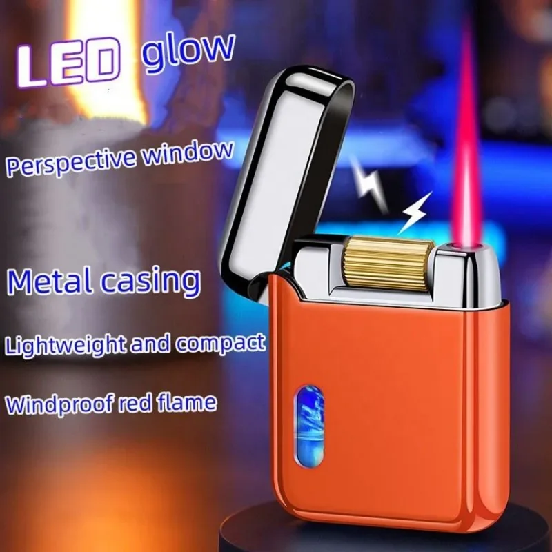 

Type-C Charging Pneumatic Windproof Roller Ignition Red Flame Lighter LED with Light Viewable Window Lighter