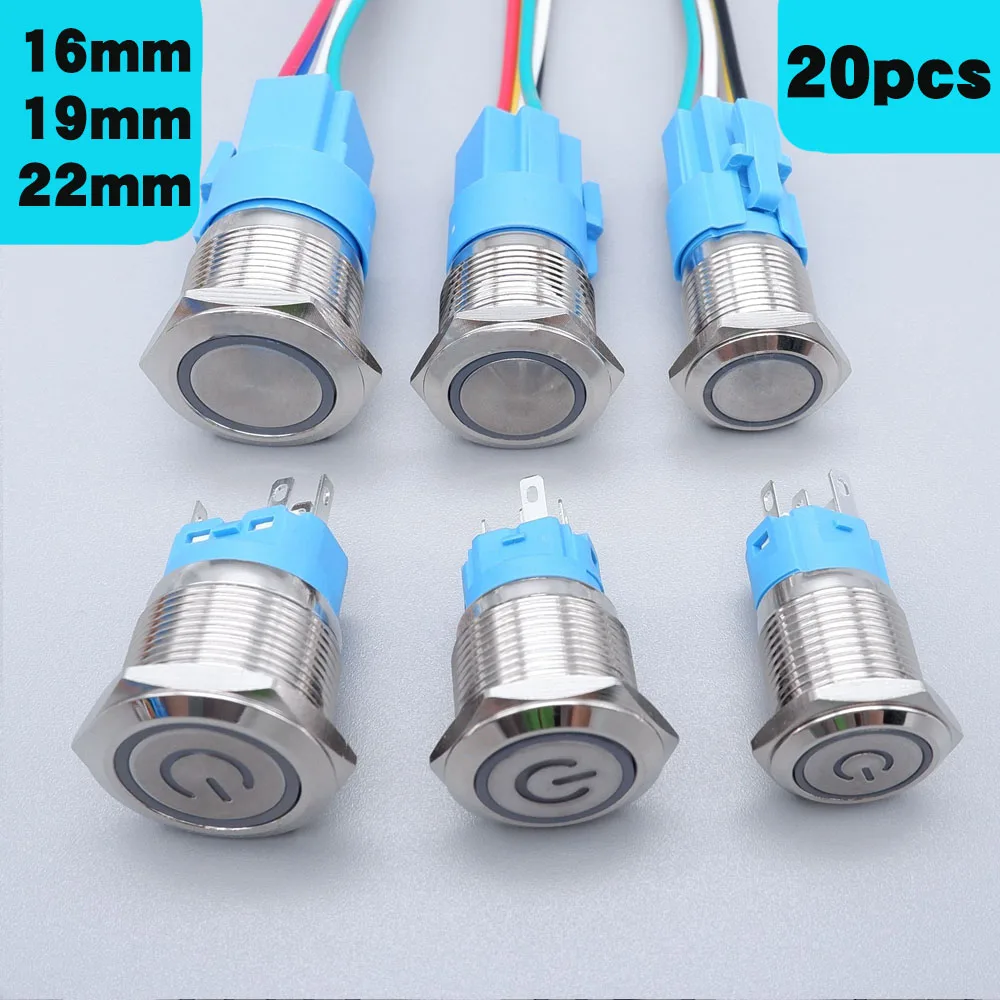 

20pcs Metal Push Switch 16mm 19mm 22mm Self-lock Self-reset With Socket LED Light Waterproof Button Car Start Switch 5V 12V Red