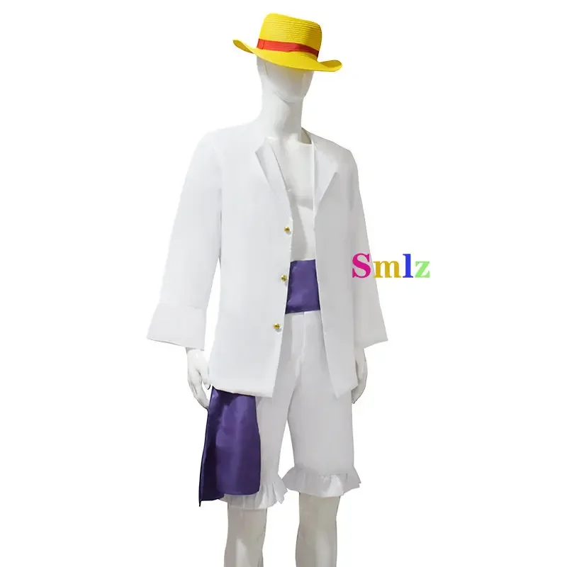 White Luffy cosplay anime gear 5 Nik form costume outfit adult kid full set White Shirt pants sash wigs