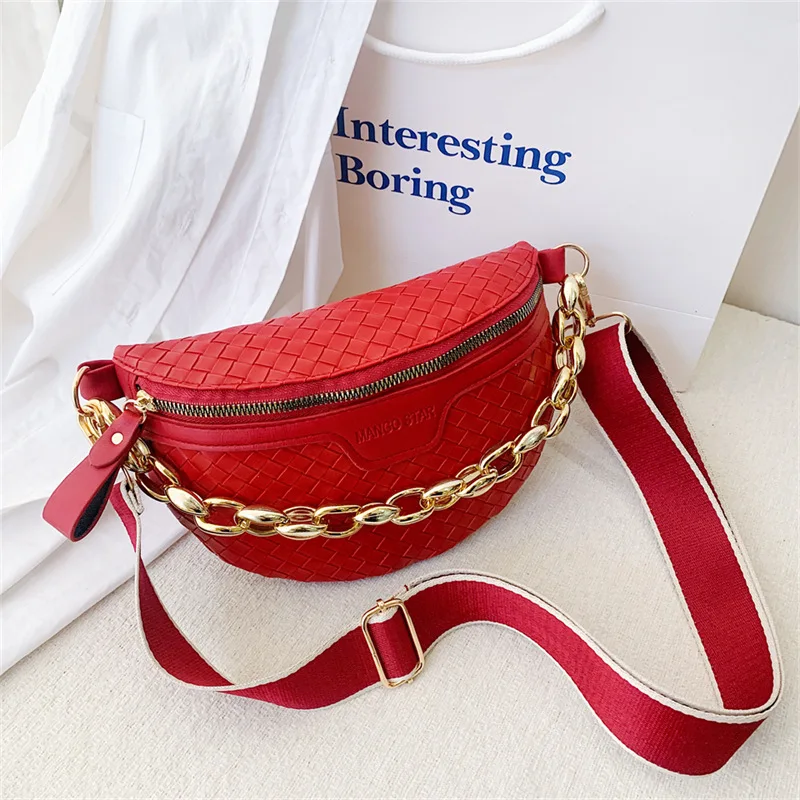 Thick Chain Women\'s Fanny Pack Plaid leather Waist Bag Shoulder Crossbody Chest Bags Luxury Designer Handbags Female Belt Bag