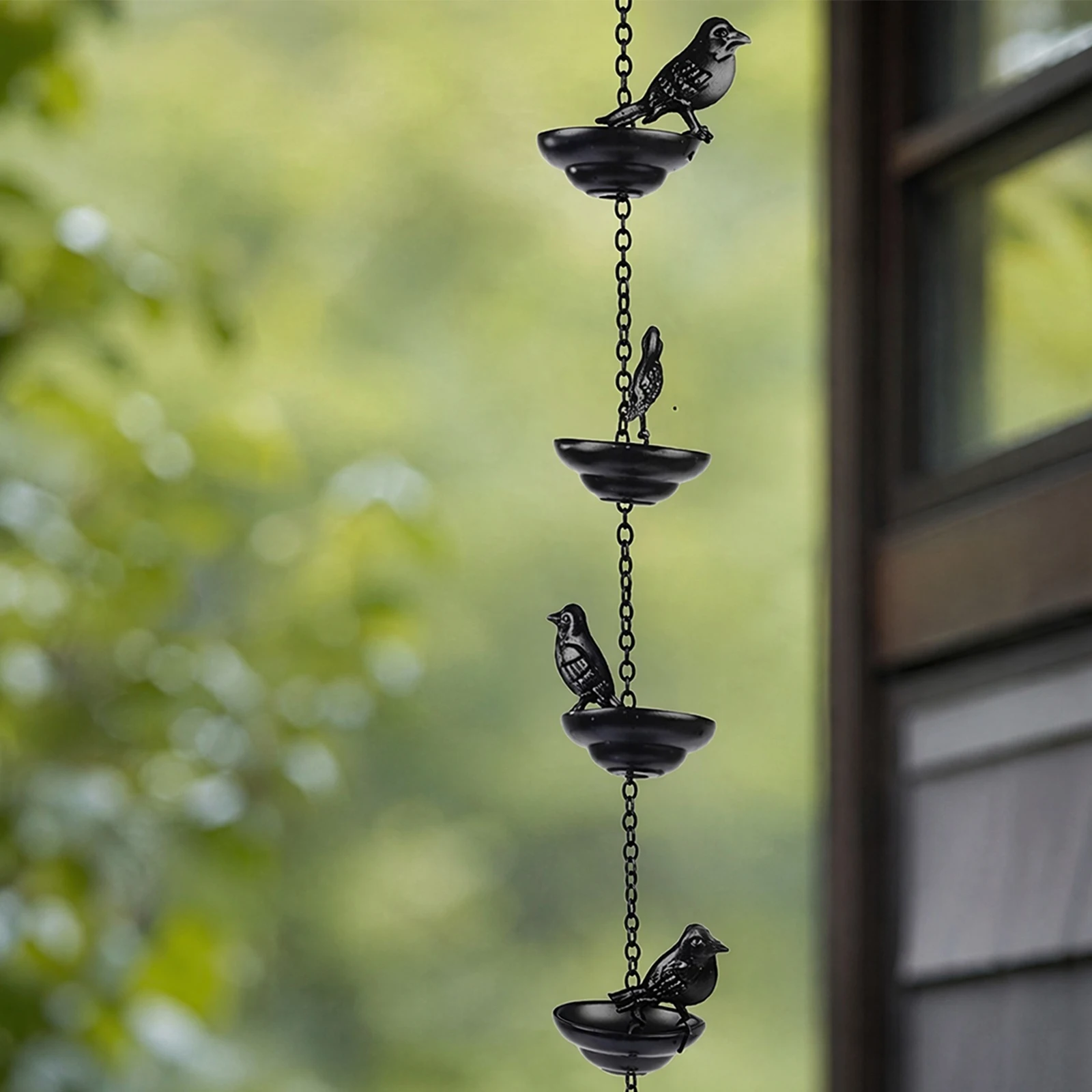 Metal Bird Rain Gutter Chain with Decorative Cups Rain Catcher Chain with Attached Hanger for Divert Water and Home Display