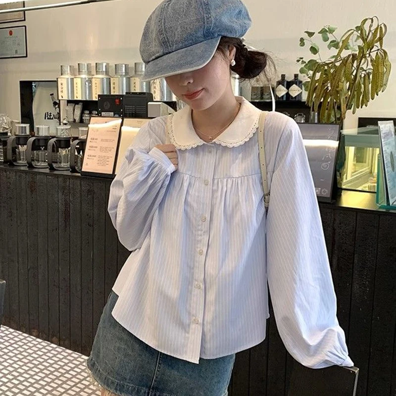 

Chic Striped Shirt Women Korean Preppy Style Loose Long Sleeve Blouse Fashion All Match Turn Down Collar Ladies Tops NewYY5