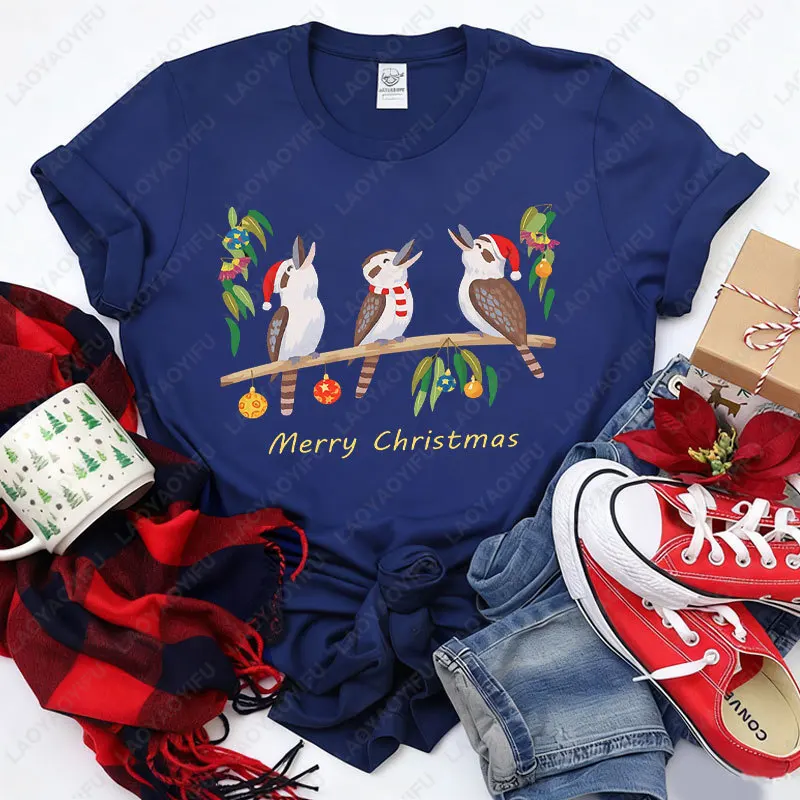 المرأة الأسترالية كوكابورا الطيور تي شيرت مطبوع عيد ميلاد سعيد الأسترالية موضوع بلايز بلوزة غير رسمية لملابس حفلة عيد الميلاد #5