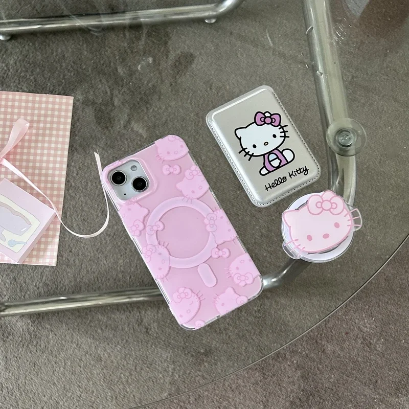 Sanrio funda de teléfono con soporte magnético para iPhone, carcasa dura de carga inalámbrica, Hello Kitty, Magsafe, 15, 14, 13, 12, 11 Pro Max