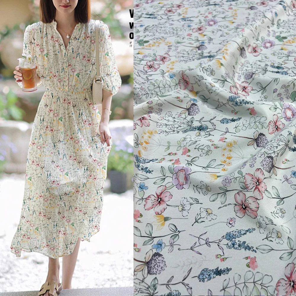 Printed Silk Stretch Crepe Fabric 18momme Width 140cm White Florals Pattern High Quality Breathable Material Anti-allergy