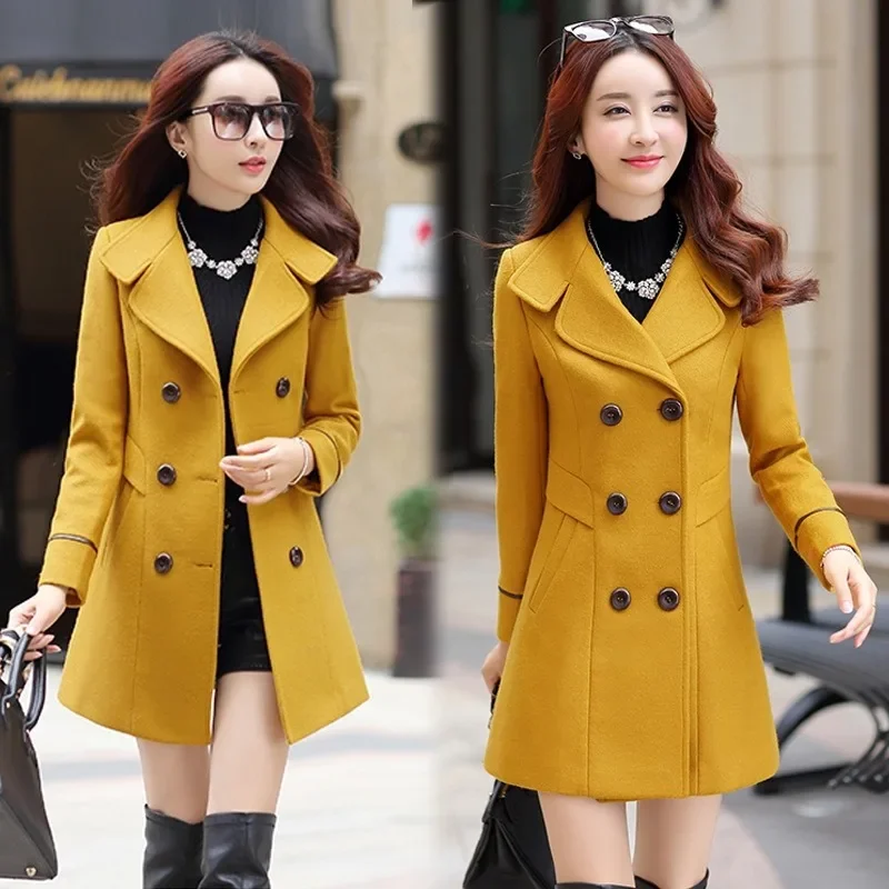 Women New Double-breasted Mock Wool Coats Autumn Winter Slim Solid Colors Blends Coats Fashion Warm Trench Office Lady Jackets