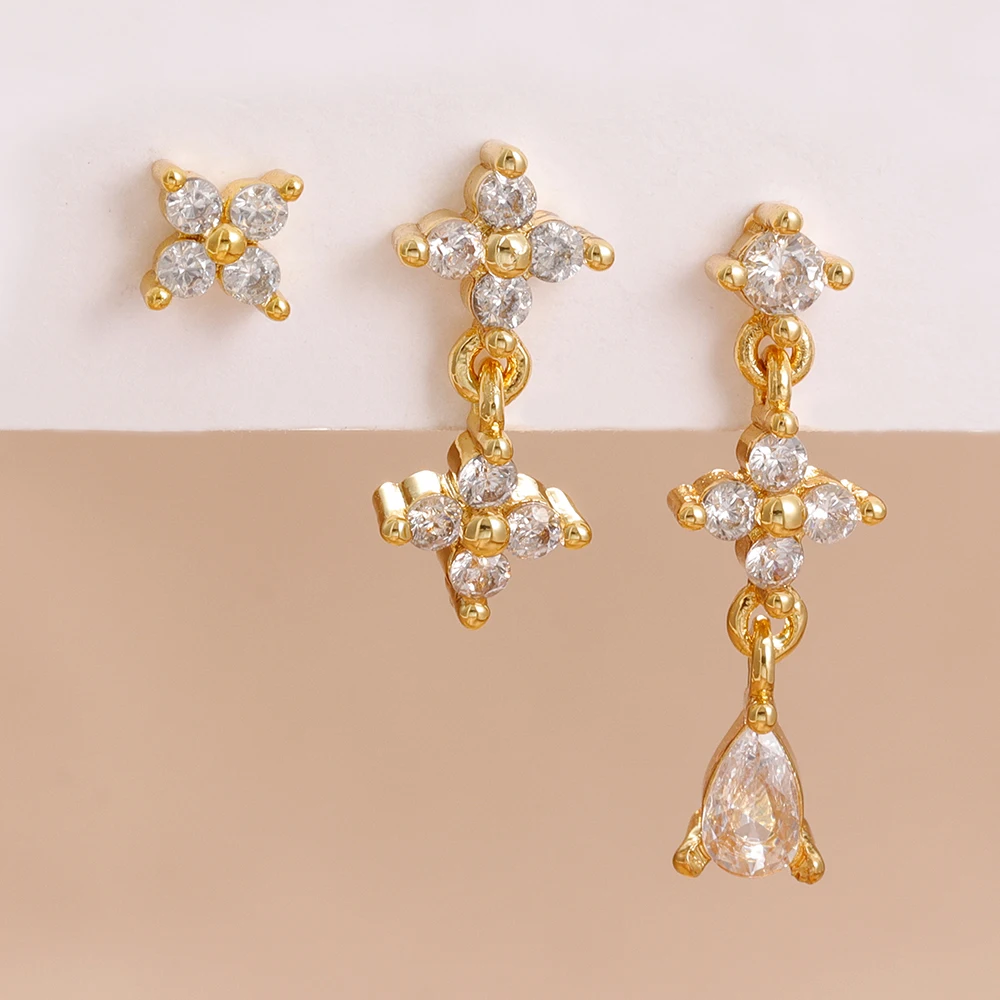 3PCS Fashion Stainless Steel White Zircon Mini Small Stud Earrings Set for Women Simple Flower Ear Bone Piercing Jewelry